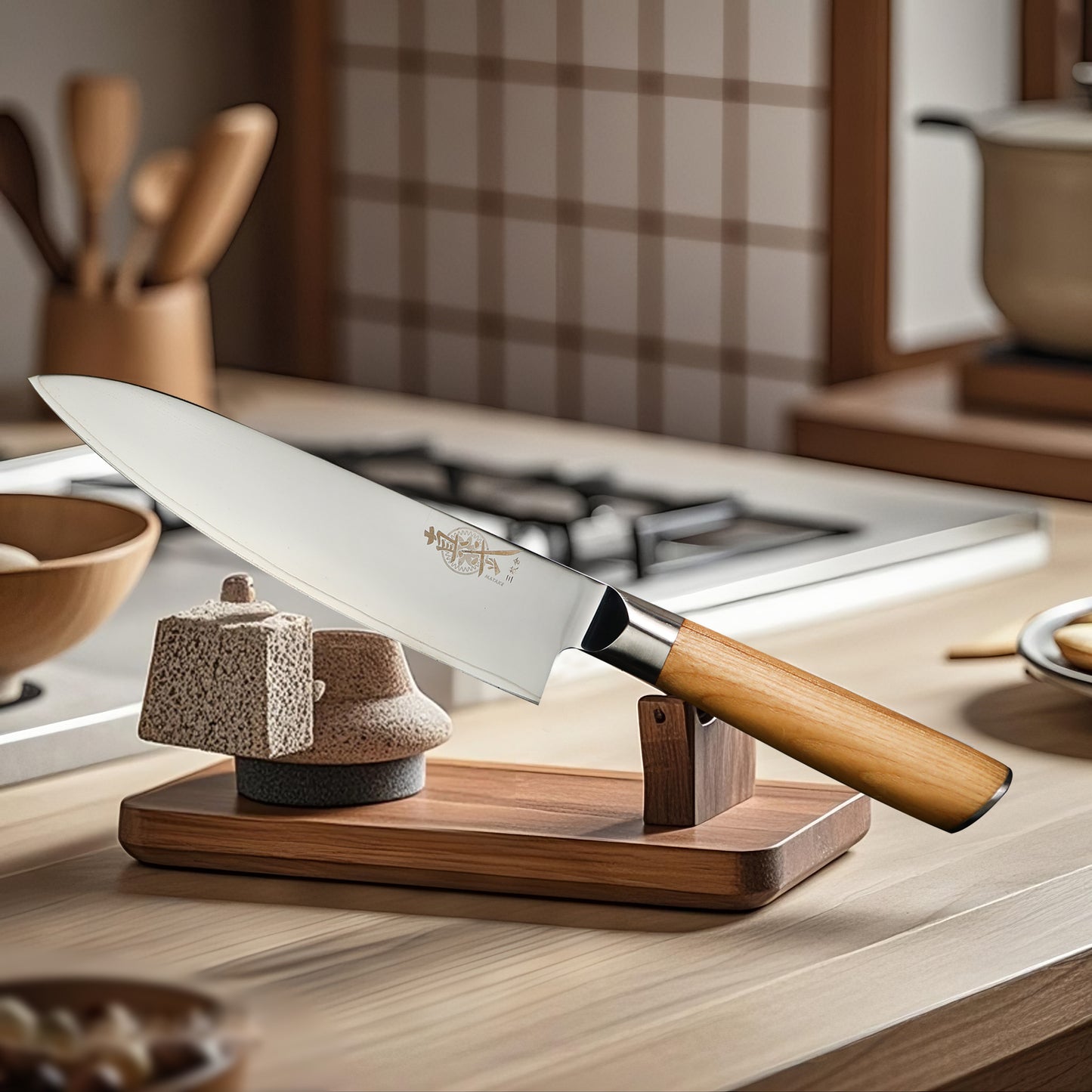 Shinbu 8" Japanese Chef Knife – AUS-10 Core, San Mai Construction, 58–60 HRC, Matte Finish Blade, Olive Wood Handle