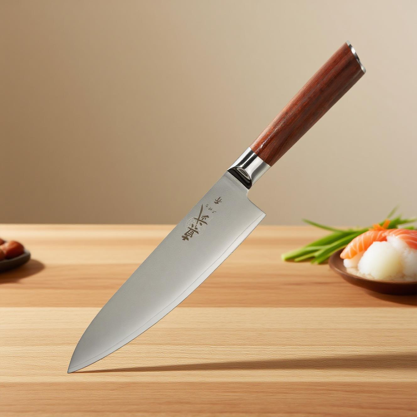 (Pre-sale)Shinbu 8" Premium Japanese Chef Knife – Aogami Steel Core, San Mai Construction, Matte Blade Finish, Blood Sandalwood Handle