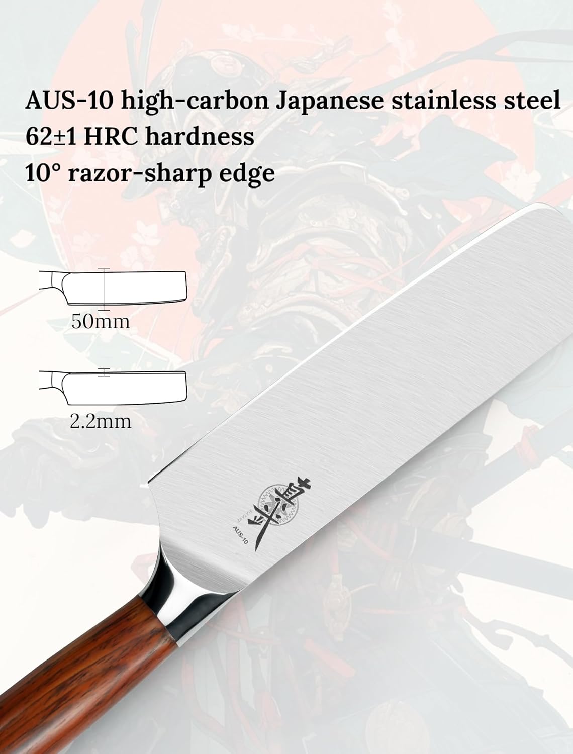 Shinbu Nakiri Knife – AUS-10 Steel, Curved Rosewood Handle, 15° Edge, Protective Bolster, Handcrafted Box