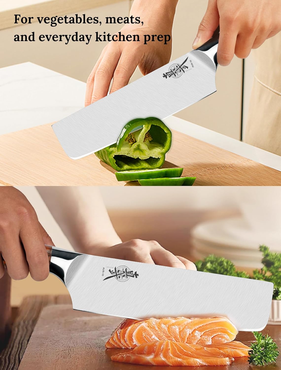 Shinbu Nakiri Knife – AUS-10 Steel, Curved Rosewood Handle, 15° Edge, Protective Bolster, Handcrafted Box
