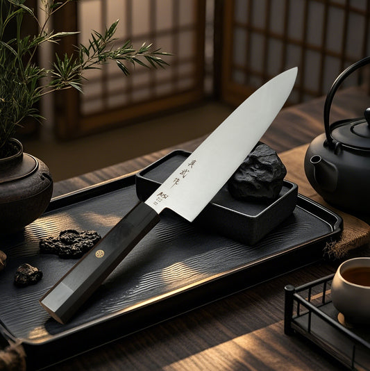 Shinbu Japanese Gyuto Knife – 440B Steel, Octagonal Ebony & Buffalo Horn Handle with Decorative Pin