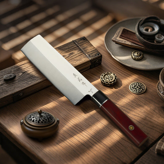 Shinbu Japanese Nakiri Knife – 14Cr28N Steel, Single-Bevel Right-Hand Blade, Black Ebony & Cocobolo Handle