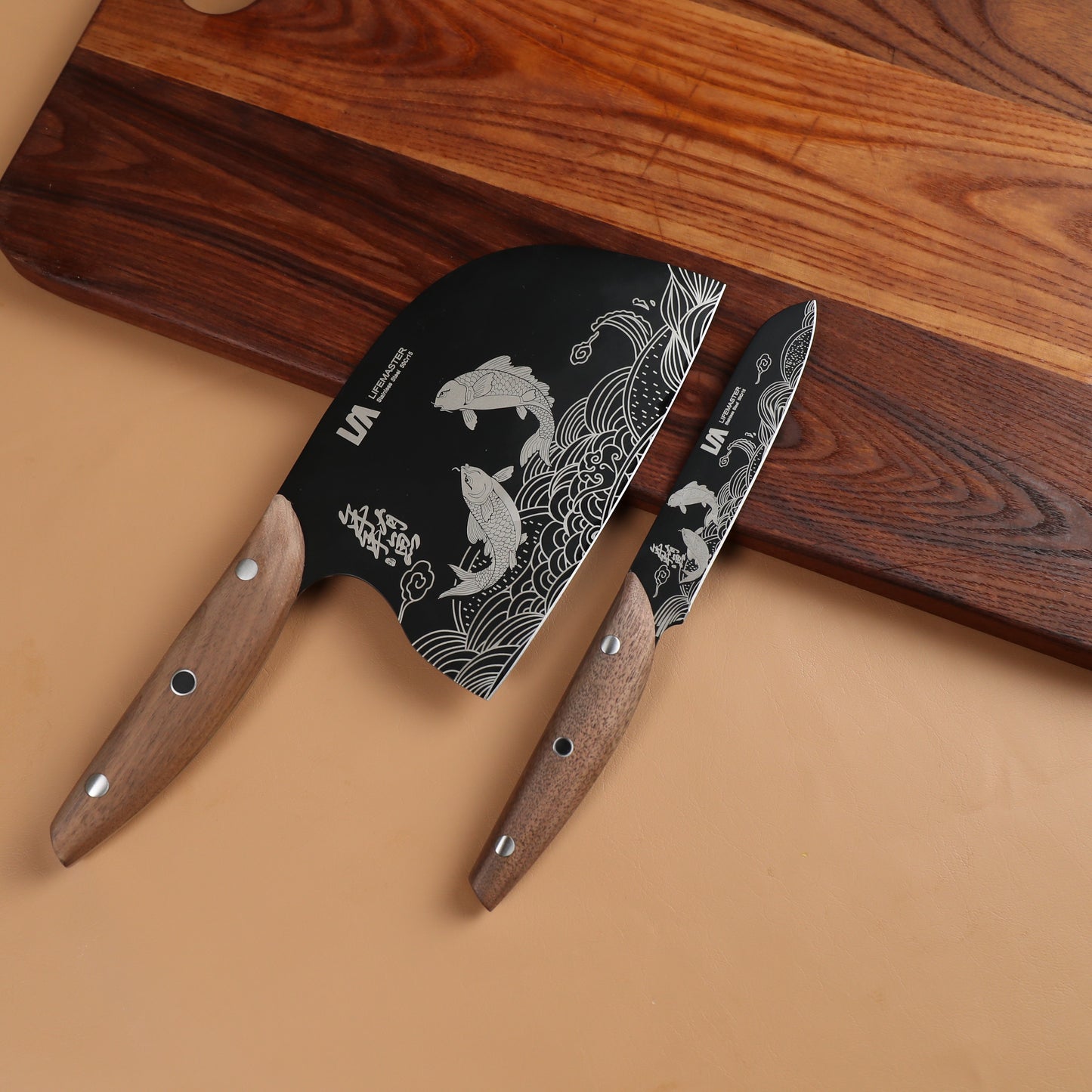 Shinbu “Abundant Fish” Butchering Cleaver – 50Cr15 Steel, Laser Koi Pattern, Walnut Wood Handle
