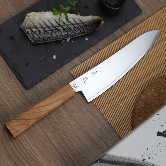 Shinbu Gyuto Chef Knife – Aogami Steel Core, San Mai Forged, Hand-Engraved Blade, Olive Wood Handle, 15° V-Edge