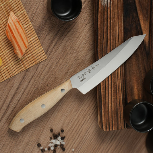 Shinbu Japanese Kirituke Utility Knife – 420J2 Steel, Right-Hand Single Bevel, White Ash Wood Handle