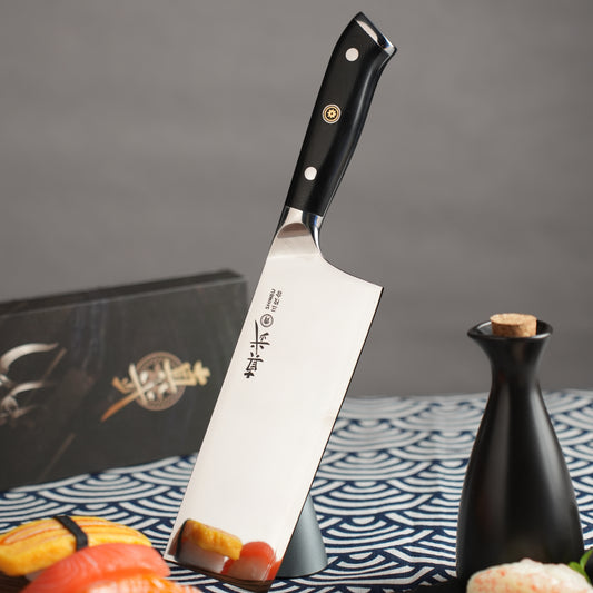 Shinbu “Black Warrior” Triple-Layer Japanese Nakiri Knife – Aogami Steel, Mirror Finish, G10 Handle