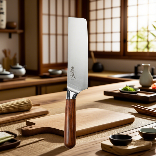 Shinbu Nakiri Knife – AUS-10 Steel, Curved Rosewood Handle, 15° Edge, Protective Bolster, Handcrafted Box