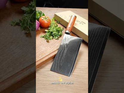 Shinbu 7.8" Wide Blade Japanese Slicing Knife – SKD11 Steel Core, Damascus Finish, Pakka Wood Handle, Precision Meat & Vegetable Cutter